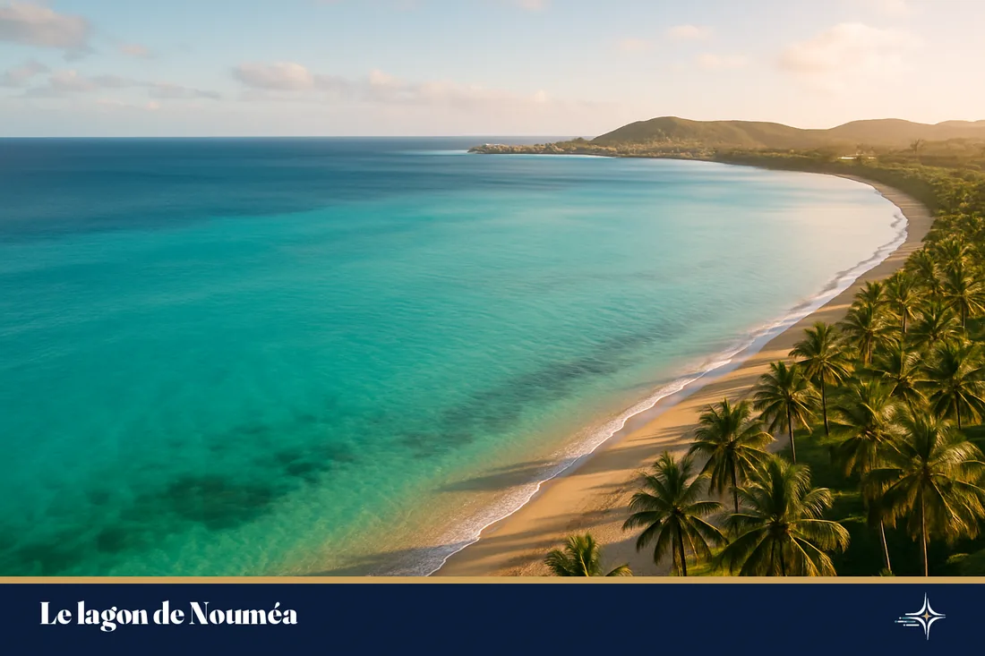 Vue aérienne du lagon turquoise de Nouméa sous la lumière du Pacifique