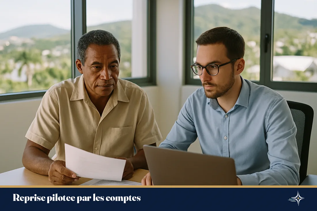 Un dirigeant et son expert-comptable revoient les comptes de la reprise dans un bureau lumineux à Nouméa