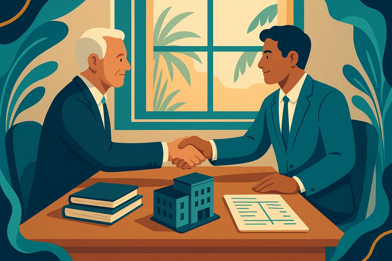 Illustration d'une transmission d'entreprise, deux dirigeants se serrant la main au-dessus de comptes bien tenus