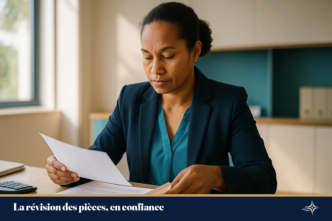 Professionnel calédonien révisant des pièces comptables confidentielles dans un bureau lumineux