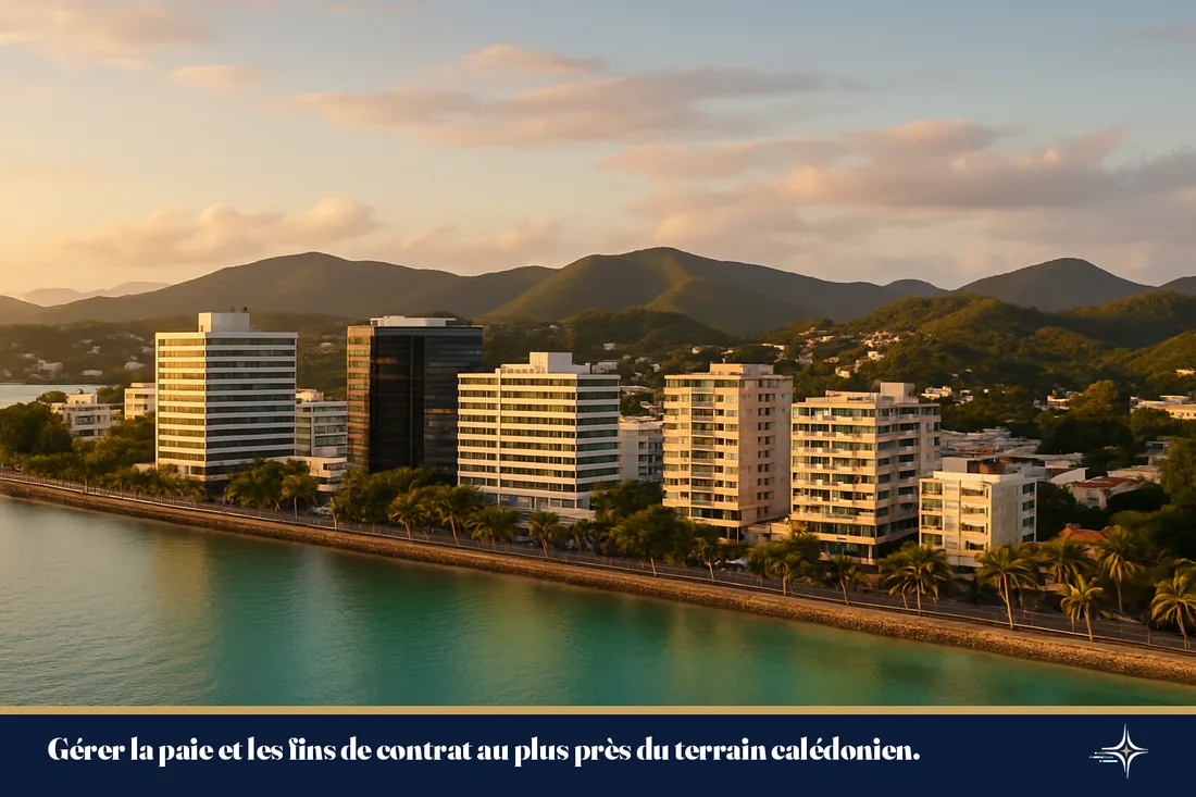 Le quartier d'affaires de Nouméa au bord du lagon à la lumière dorée