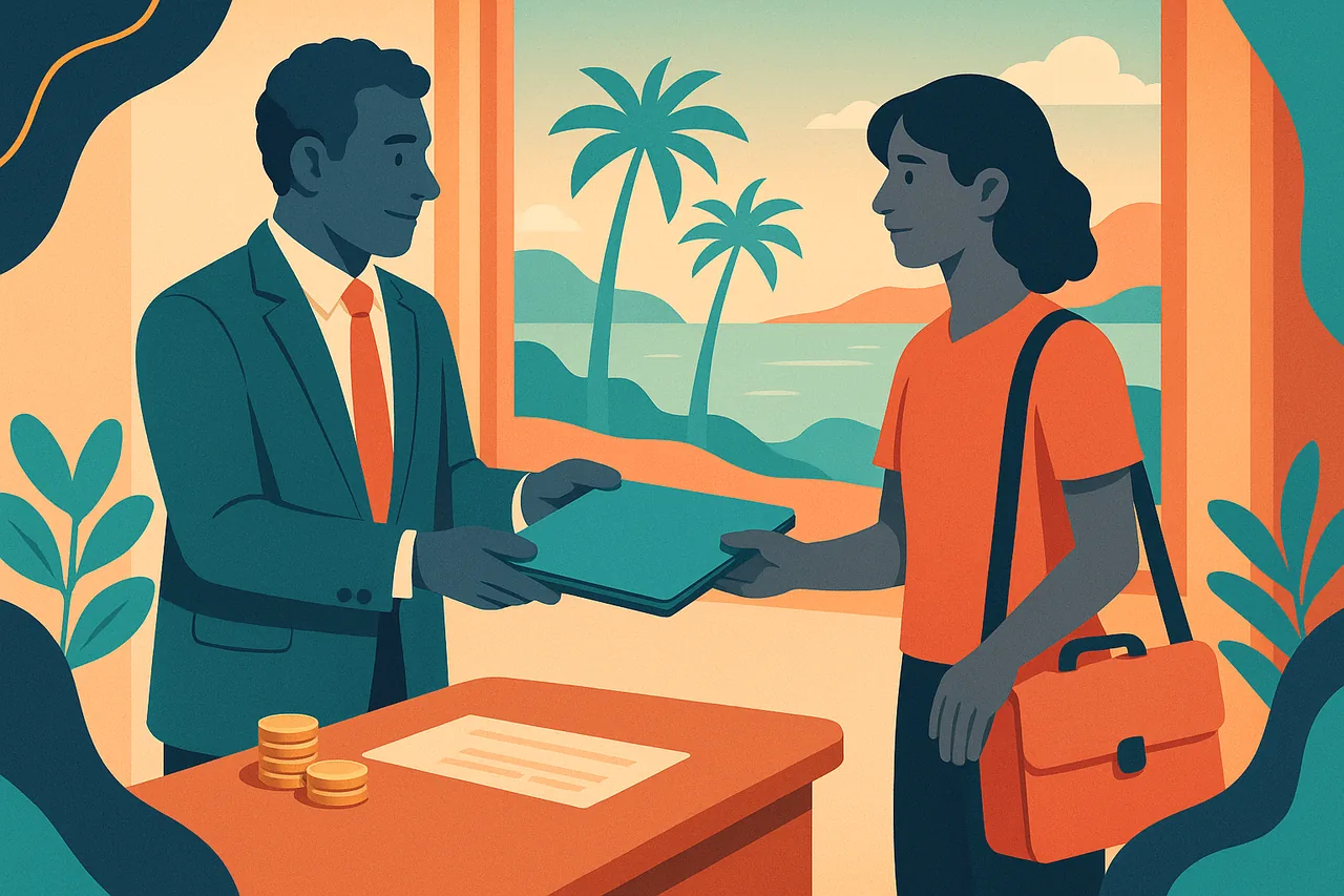 Illustration d'un employeur remettant les documents de fin de contrat à un salarié qui part
