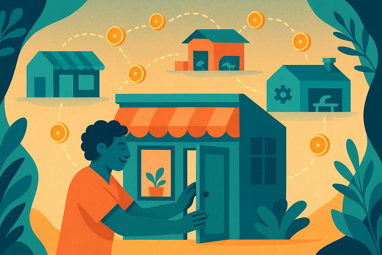 Illustration d'un commerçant calédonien et d'un réseau de petites entreprises reliées