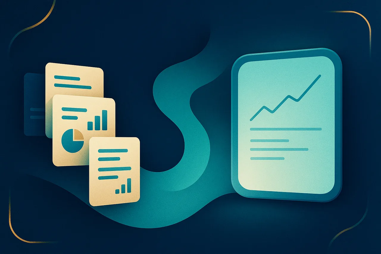 Illustration éditoriale: transformation des données comptables en conseil stratégique clair, charte ASTER
