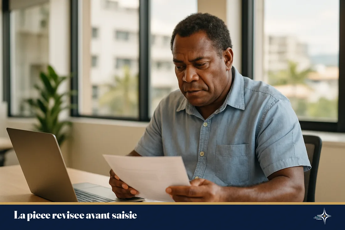 Un comptable revise une facture avant de la saisir dans un bureau a Noumea