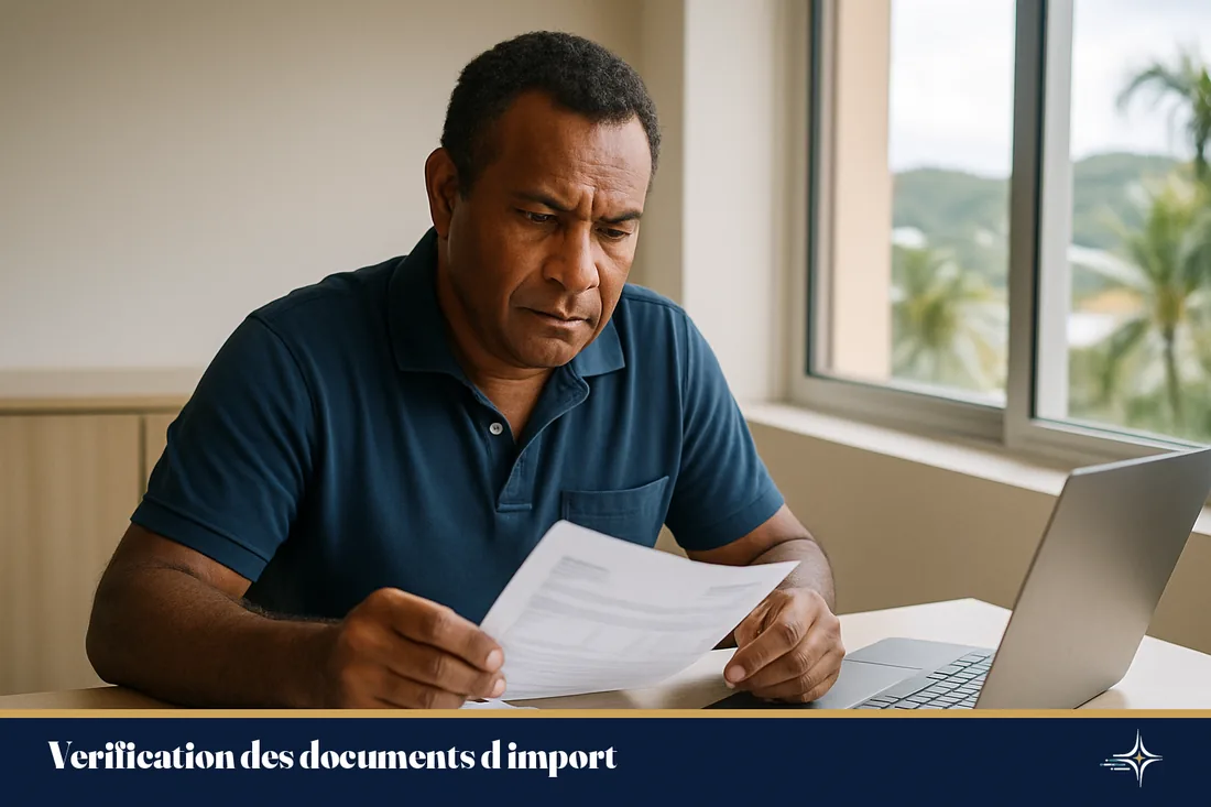 Un importateur calédonien vérifie ses documents de douane au bureau