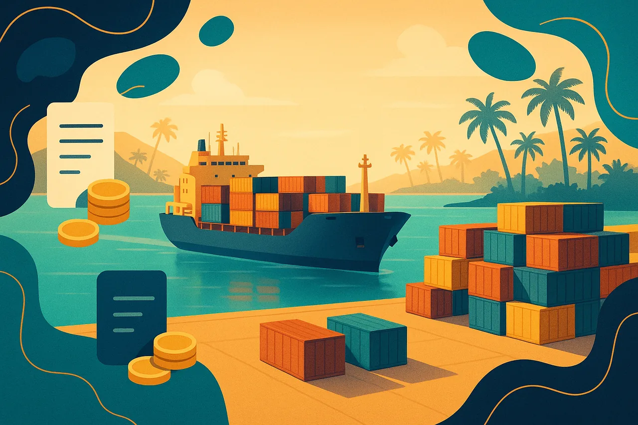 Illustration d'un porte-conteneurs accostant dans un port tropical calédonien
