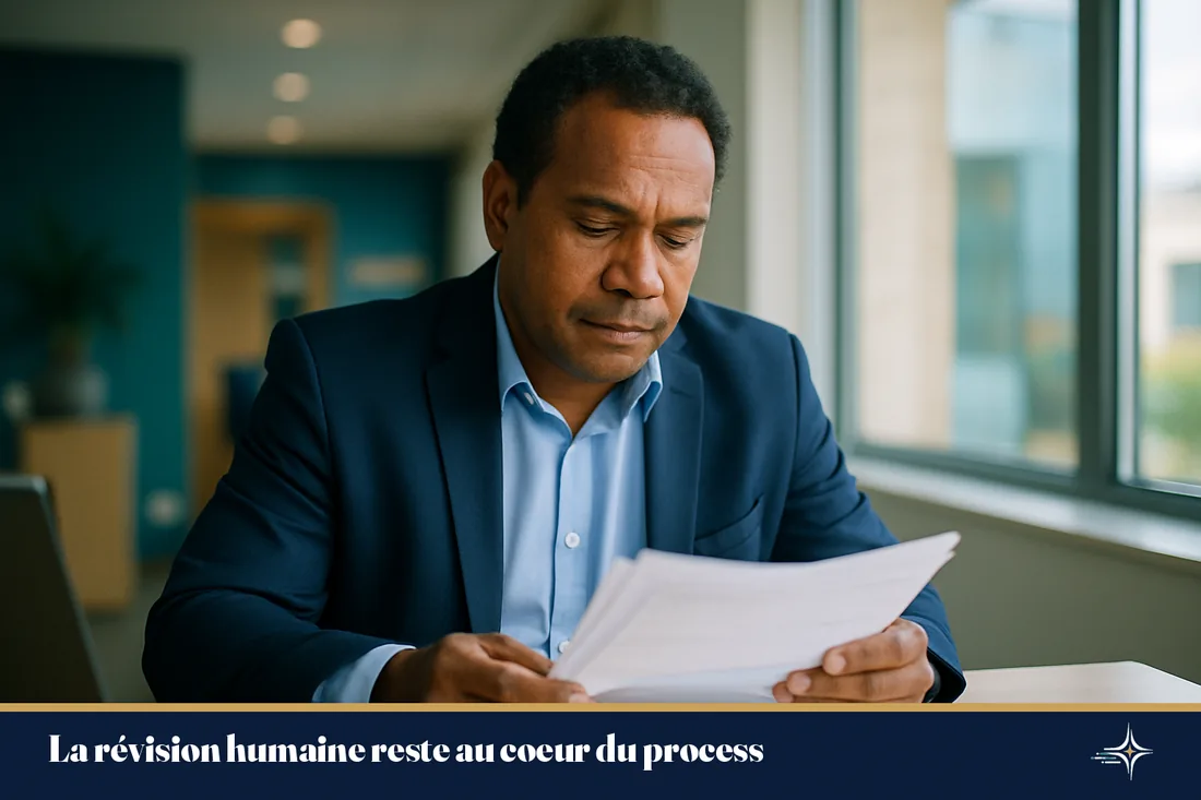 Collaborateur calédonien révisant des factures papier dans un cabinet comptable lumineux à Nouméa