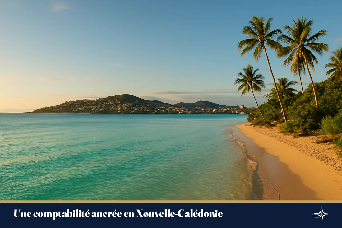 Vue atmosphérique de la baie de Nouméa et son lagon turquoise au coucher du soleil